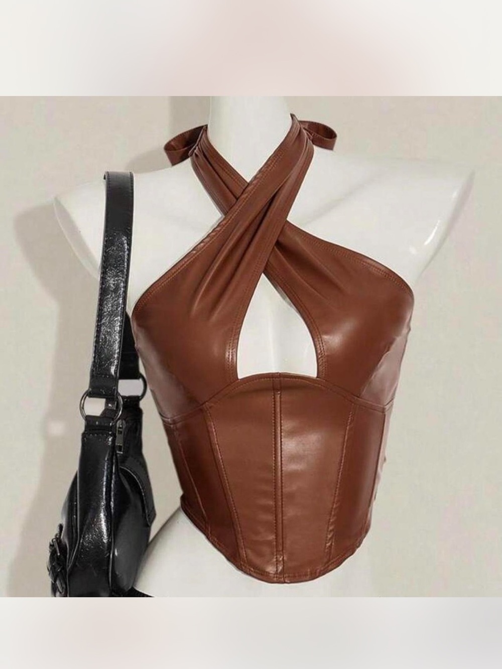 Brown Faux Leather Cross Halter Corset Top